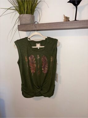 Sleeveless Olive Green Feather-Detail Twist Front Tank Top metallic embellished